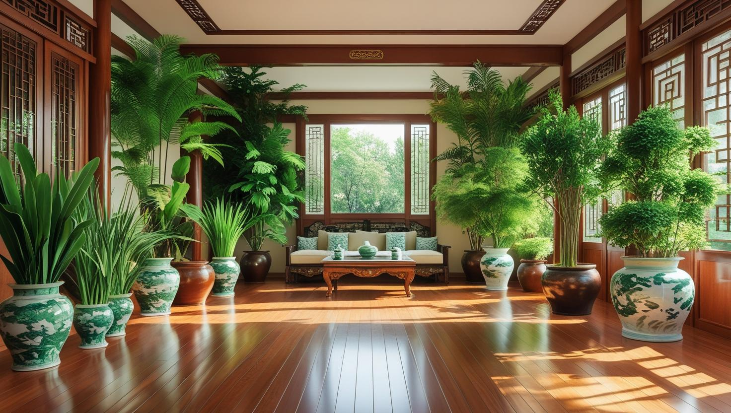 Phòng khách rộng, sáng, nhiều cây xanh giúp tăng năng lượng tích cực.